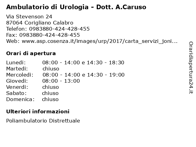 Orari di apertura Ambulatorio di Urologia Dott. A.Caruso